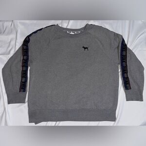 Victorias Secret Pink Grey Crewneck Sweatshirt With Dog Logo & Shoulder Stripe